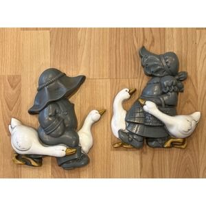 2 Vintage 1988 Burwood Plastic Wall Decor Girl & Boy With Geese Ducks USA MADE